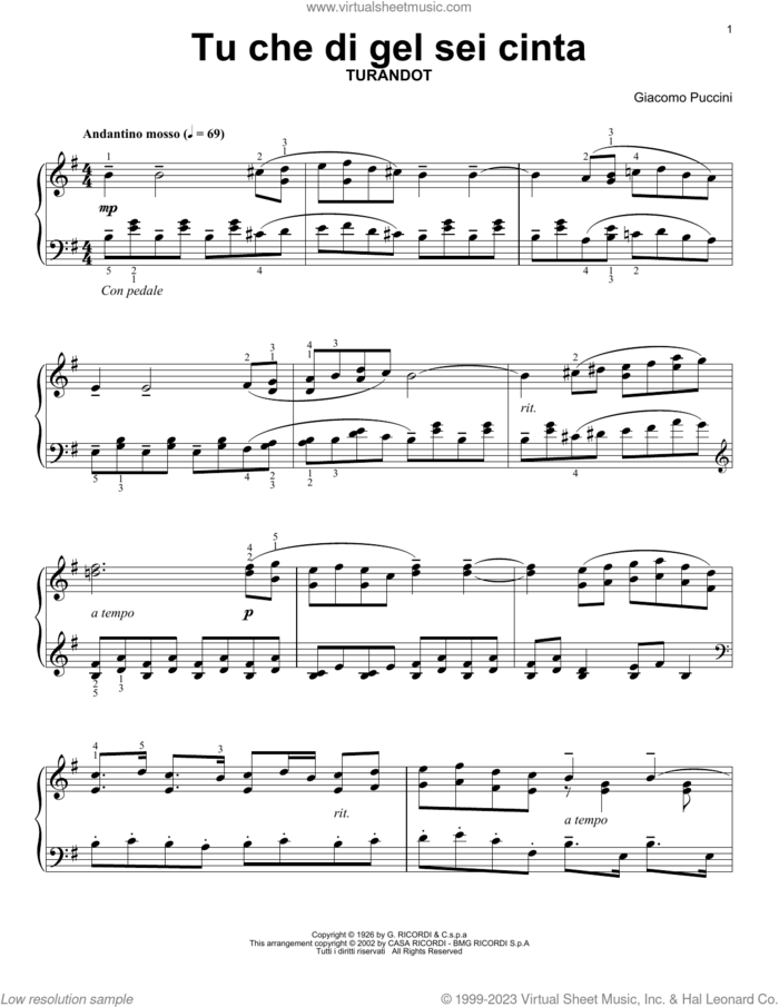 Tu Che Di Gel Sei Cinta (from Turandot) sheet music for voice and other instruments (E-Z Play) by Giacomo Puccini, classical score, easy skill level