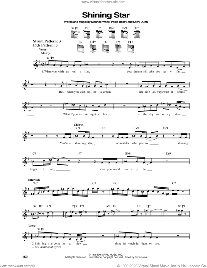 Shining Star sheet music for guitar solo (chords) by Earth, Wind & Fire, Larry Dunn, Maurice White and Philip Bailey, easy guitar (chords)