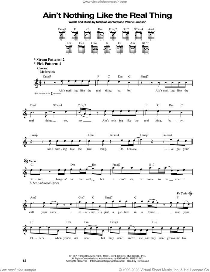 Ain't Nothing Like The Real Thing sheet music for guitar solo (chords) by Marvin Gaye & Tammi Terrell, Nickolas Ashford and Valerie Simpson, easy guitar (chords)