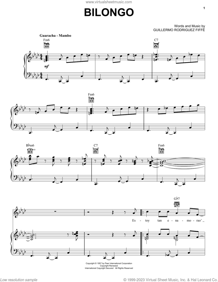 Bilongo sheet music for voice, piano or guitar by Tito Rodriguez and Guillermo Rodriguez Fiffe, intermediate skill level