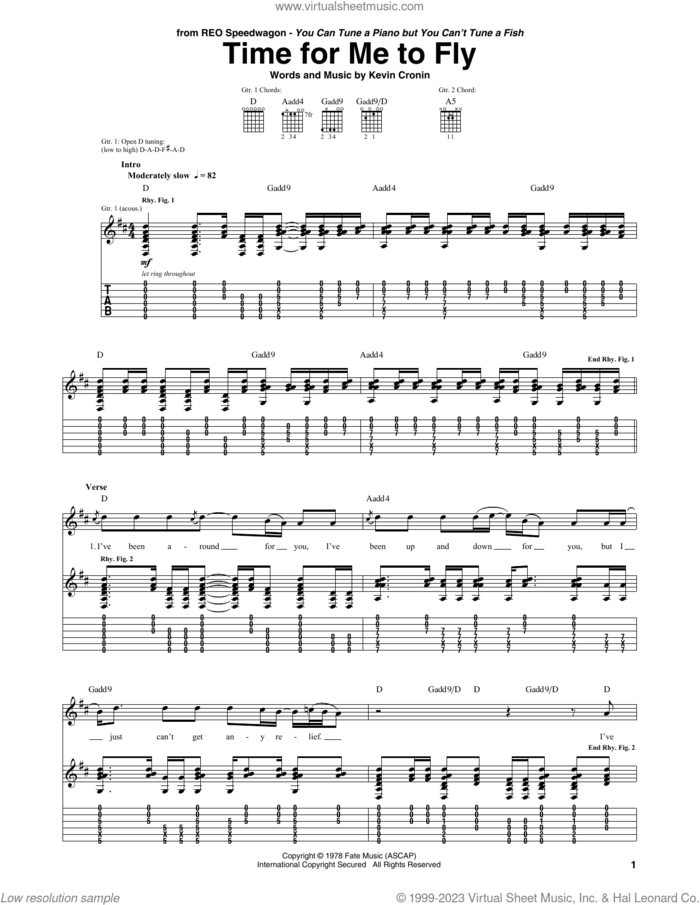 Time For Me To Fly sheet music for guitar (tablature) by REO Speedwagon and Kevin Cronin, intermediate skill level