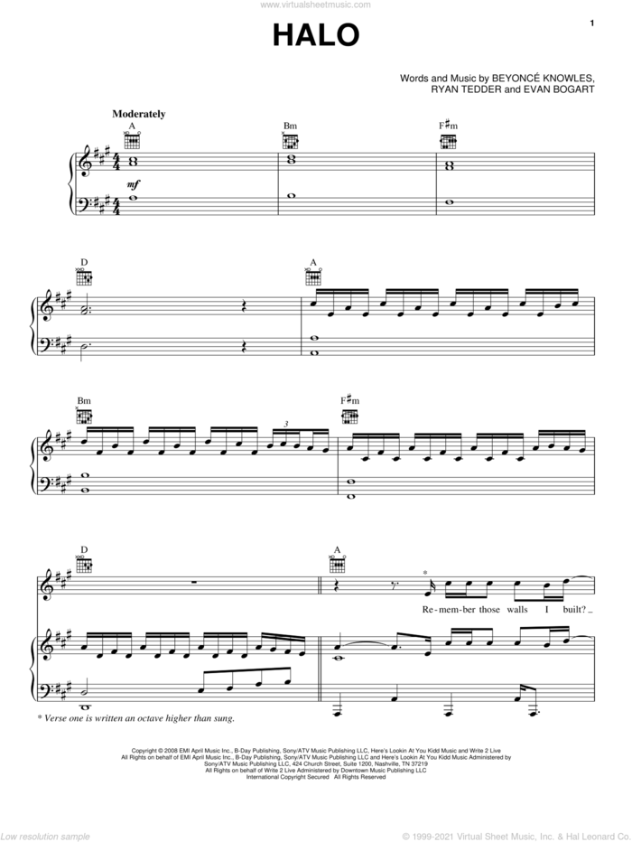 Halo sheet music for voice, piano or guitar by Beyonce, Miscellaneous, Evan Bogart and Ryan Tedder, intermediate skill level