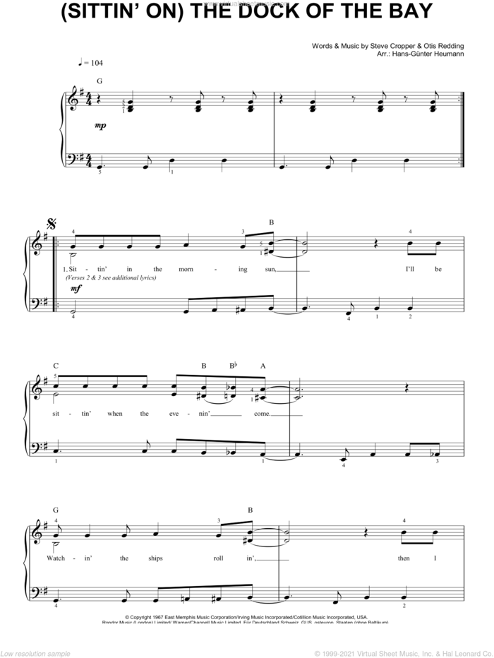 (Sittin' On) The Dock Of The Bay sheet music for piano solo by Otis Redding and Steve Cropper, easy skill level