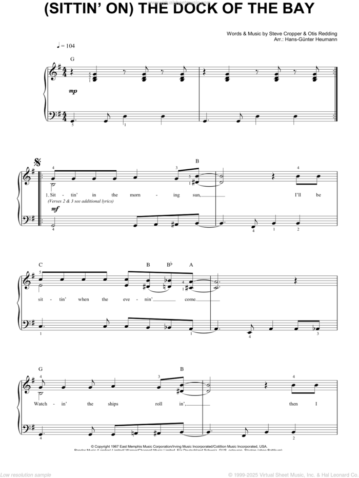 (Sittin' On) The Dock Of The Bay sheet music for piano solo by Otis Redding and Steve Cropper, easy skill level