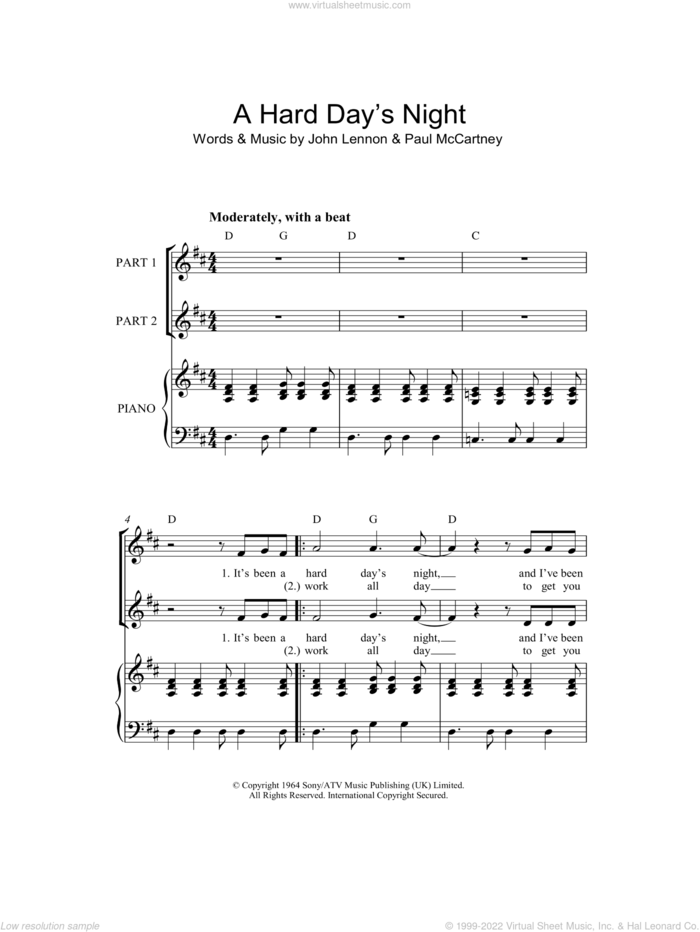 A Hard Day's Night (arr. Rick Hein) sheet music for choir (2-Part) by The Beatles, Rick Hein, John Lennon and Paul McCartney, intermediate duet