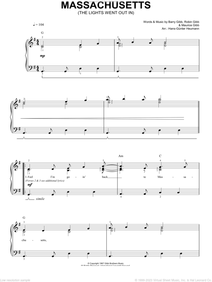 Gibb - Massachusetts Sheet Music For Piano Solo [PDF]