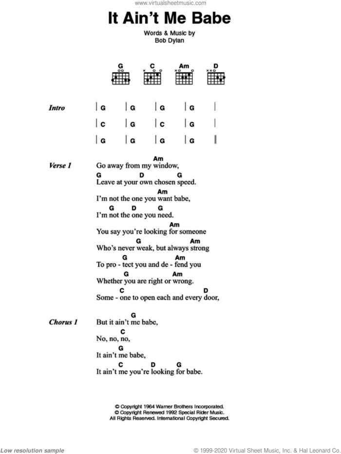 It Ain't Me Babe sheet music for guitar (chords) by Johnny Cash and Bob Dylan, intermediate skill level