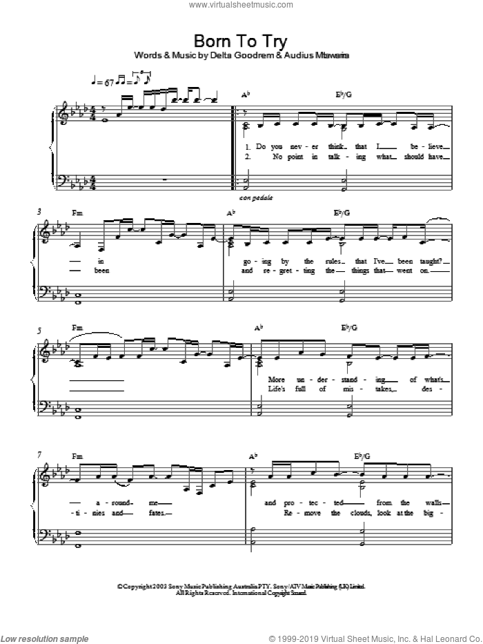 Born To Try sheet music for piano solo by Delta Goodrem, intermediate skill level
