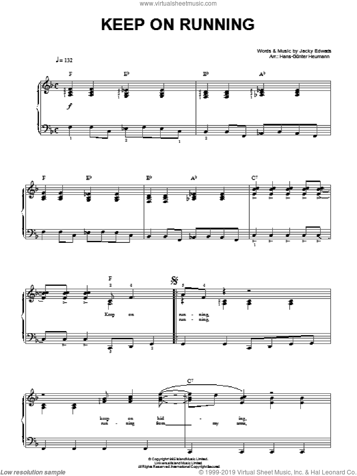 Keep On Running sheet music for piano solo by The Spencer Davis Group, Hans-Gunter Heumann and Jackie Edwards, easy skill level