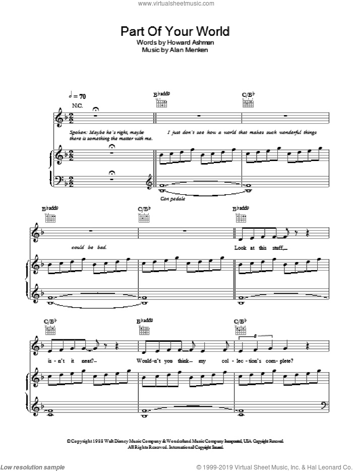 Part Of Your World (from The Little Mermaid) sheet music for voice, piano or guitar by Alan Menken, The Little Mermaid (Movie) and Howard Ashman, intermediate skill level