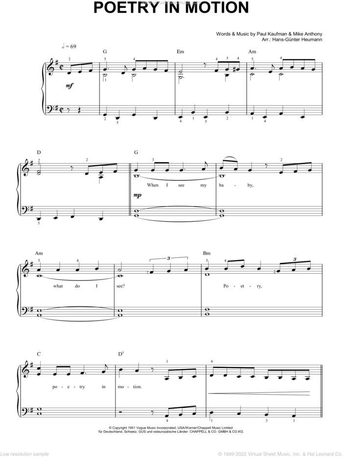 Poetry In Motion sheet music for piano solo by Johnny Tillotson, Hans-Gunter Heumann, Michael Anthony and Paul Kaufman, easy skill level