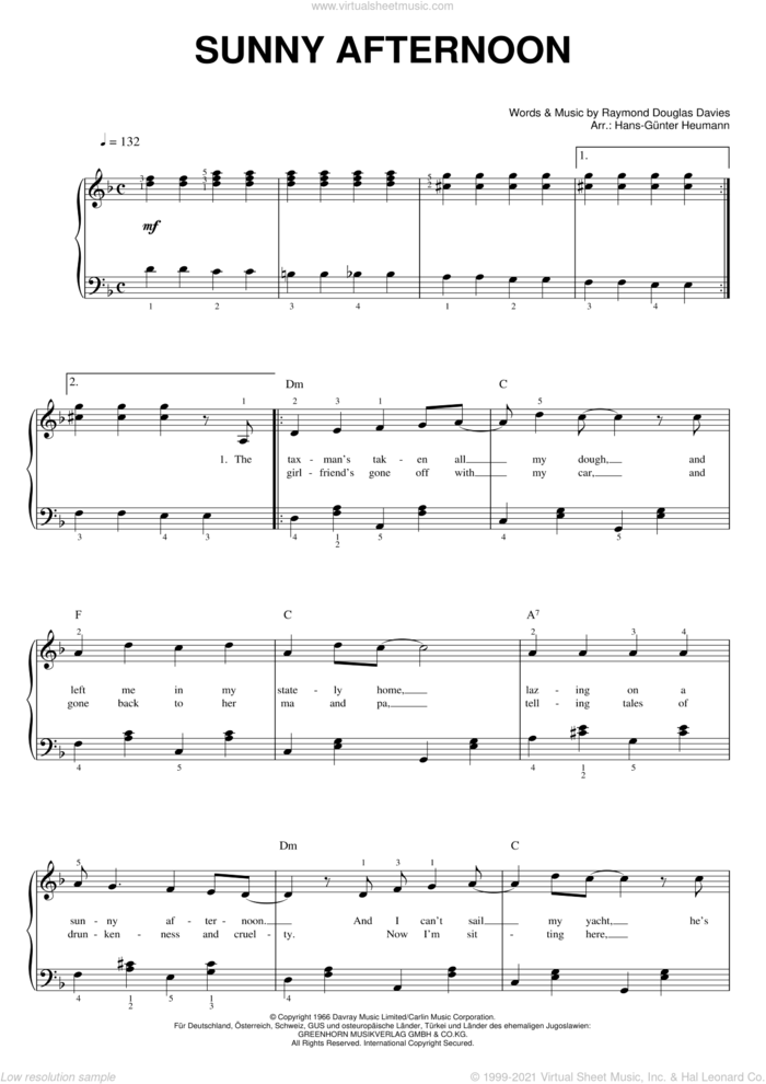 Sunny Afternoon sheet music for voice and piano by The Kinks and Ray Davies, intermediate skill level