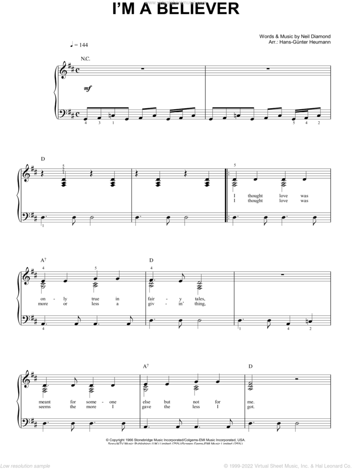 I'm A Believer sheet music for piano solo by The Monkees, Hans-Gunter Heumann and Neil Diamond, easy skill level