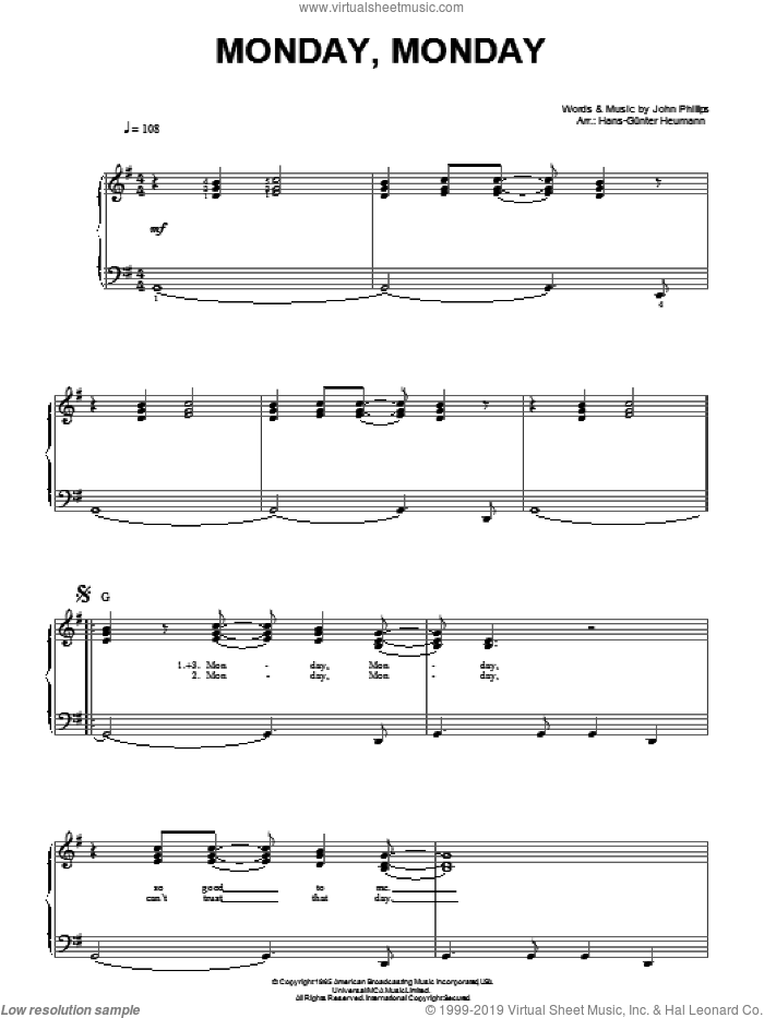 Monday, Monday sheet music for piano solo by The Mamas & The Papas, Hans-Gunter Heumann and John Phillips, easy skill level