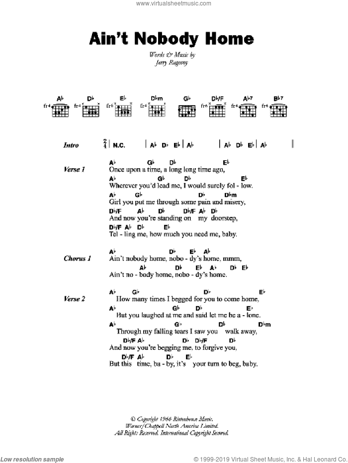 Ain't Nobody Home sheet music for guitar (chords) by B.B. King and Jerry Ragovoy, intermediate skill level
