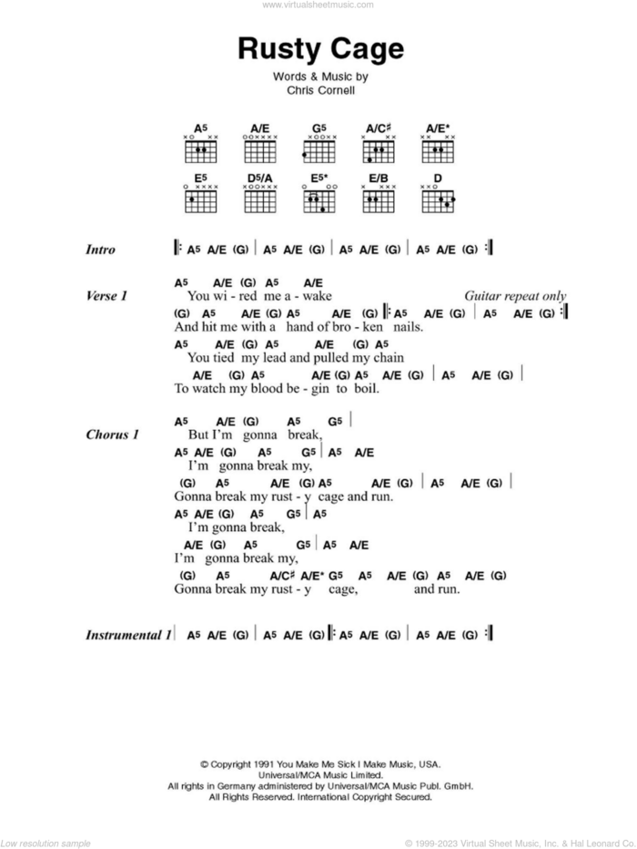 Rusty Cage sheet music for guitar (chords) by Johnny Cash and Chris Cornell, intermediate skill level