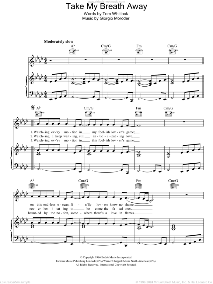 Take My Breath Away sheet music for voice, piano or guitar by Giorgio Moroder, Irving Berlin and Tom Whitlock, intermediate skill level
