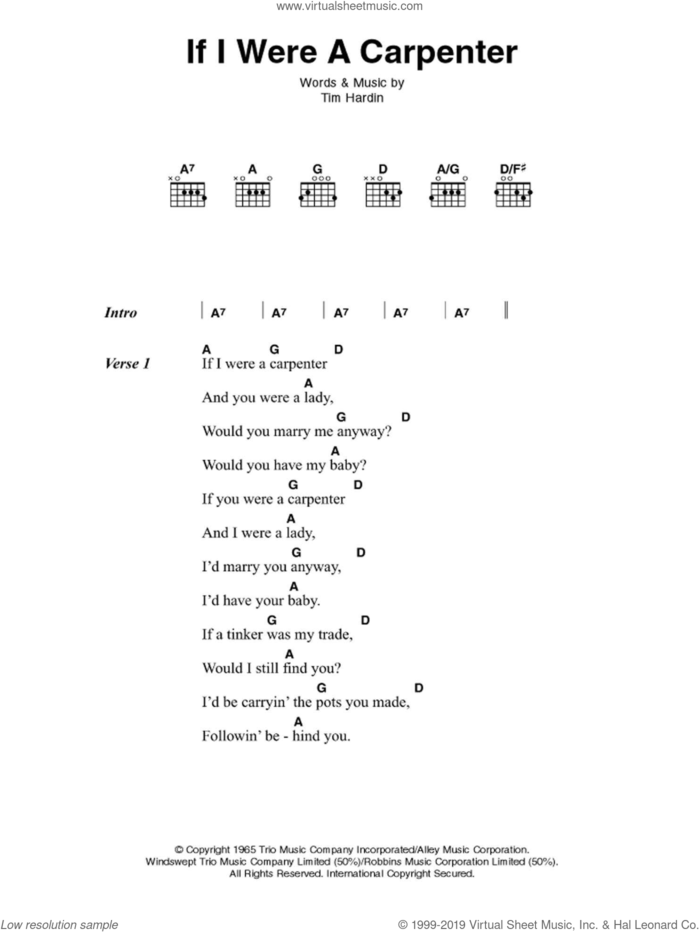 If I Were A Carpenter sheet music for guitar (chords) by Bobby Darin and Tim Hardin, intermediate skill level