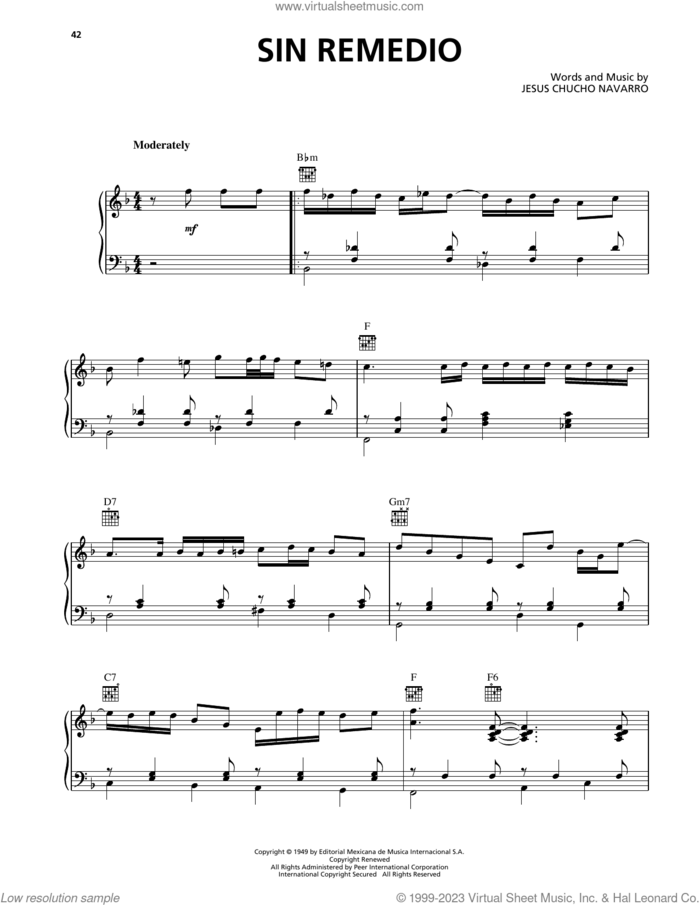 Sin Remedio sheet music for voice, piano or guitar by Trio Los Panchos and Jesus Chucho Navarro, intermediate skill level