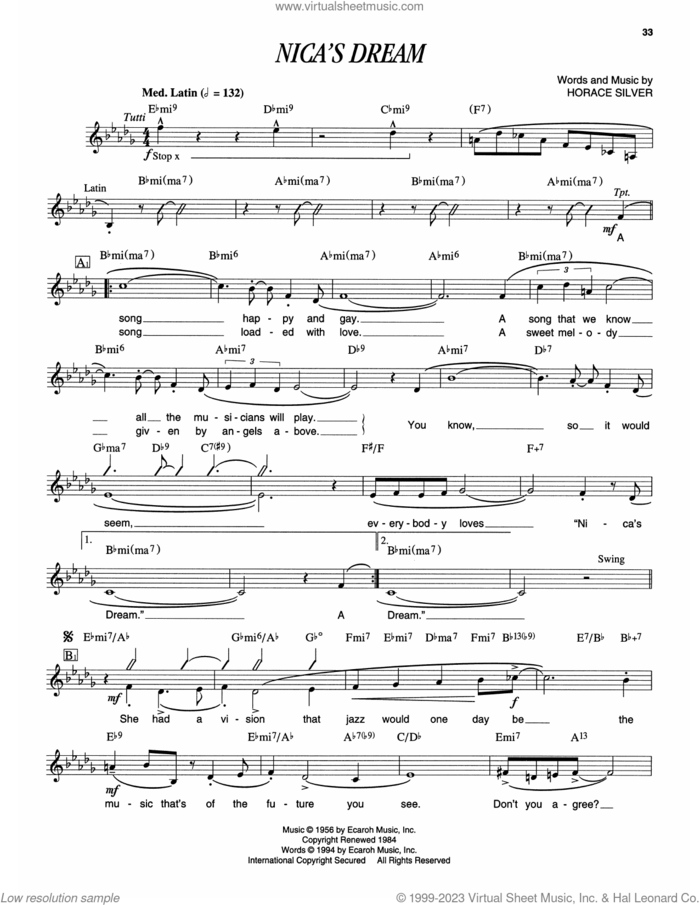 Nica's Dream sheet music for piano solo (transcription) by Horace Silver, intermediate piano (transcription)
