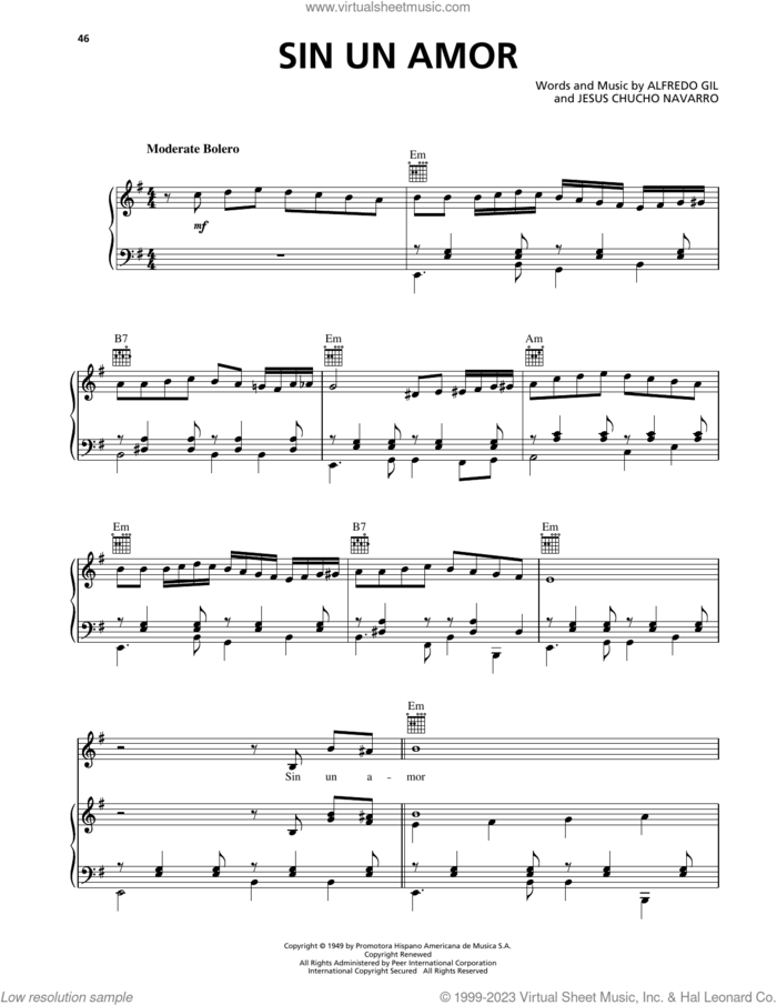 Sin Un Amor sheet music for voice, piano or guitar by Trio Los Panchos, Alfredo Gil and Jesus Chucho Navarro, intermediate skill level