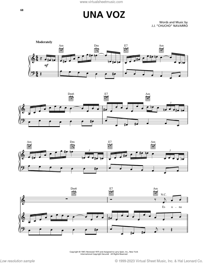 Una Voz sheet music for voice, piano or guitar by Trio Los Panchos and J.J. 'Chucho' Navarro, intermediate skill level