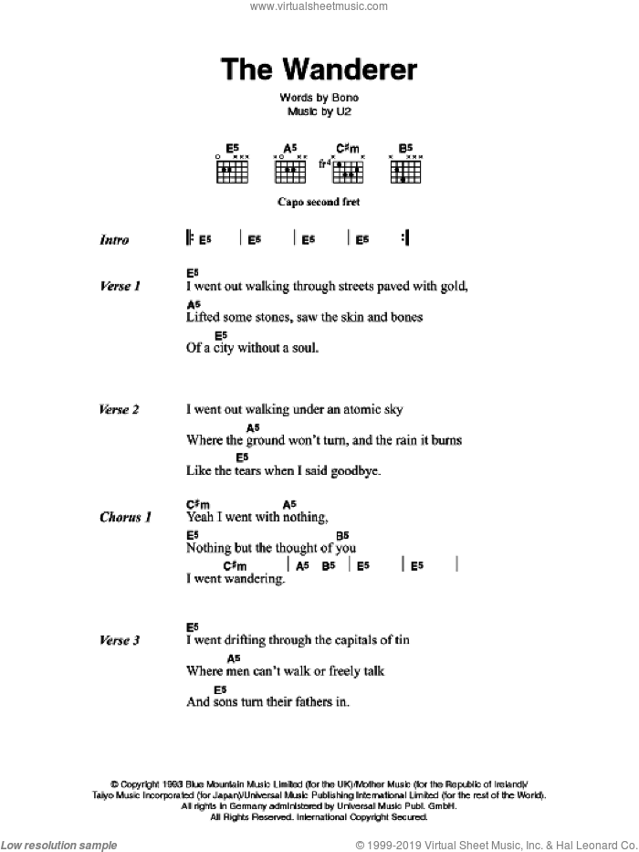 The Wanderer sheet music for guitar (chords) by Johnny Cash, U2 and Bono, intermediate skill level