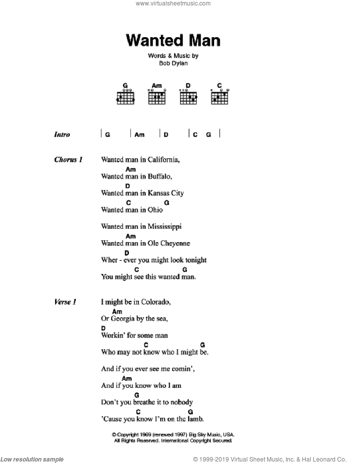 Wanted Man sheet music for guitar (chords) by Johnny Cash and Bob Dylan, intermediate skill level