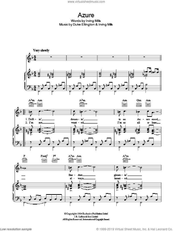 Azure sheet music for voice, piano or guitar by Duke Ellington, Ella  Fitzgerald, Ella - Fitzgerald and Irving Mills, intermediate skill level