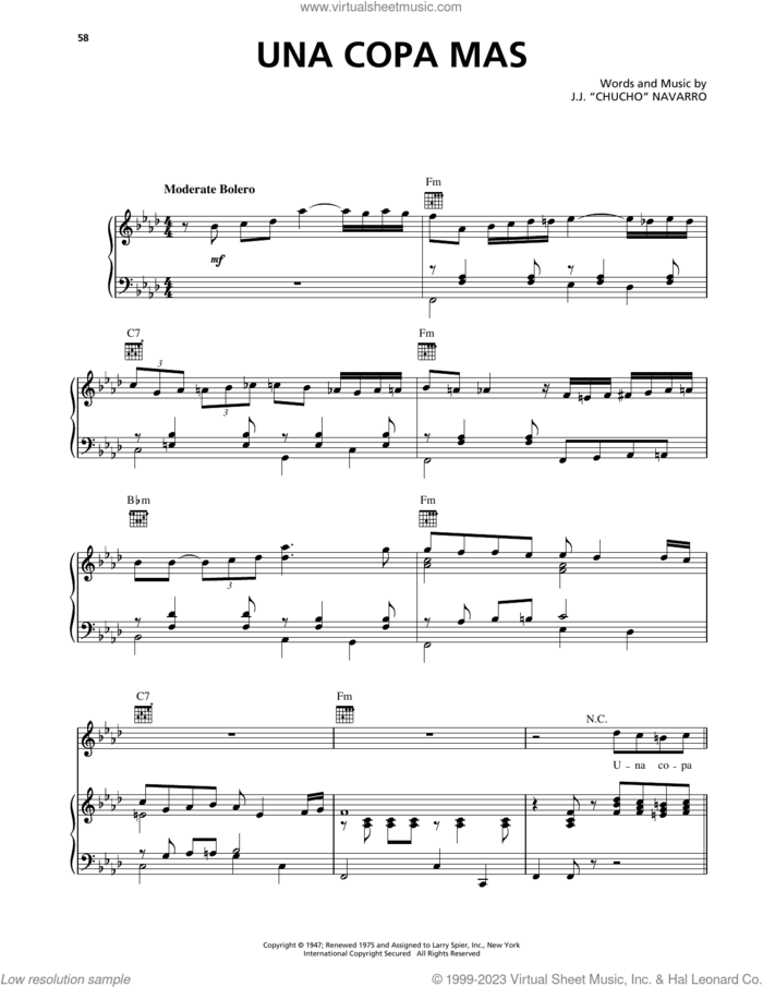Una Copa Mas sheet music for voice, piano or guitar by Trio Los Panchos and J.J. 'Chucho' Navarro, intermediate skill level