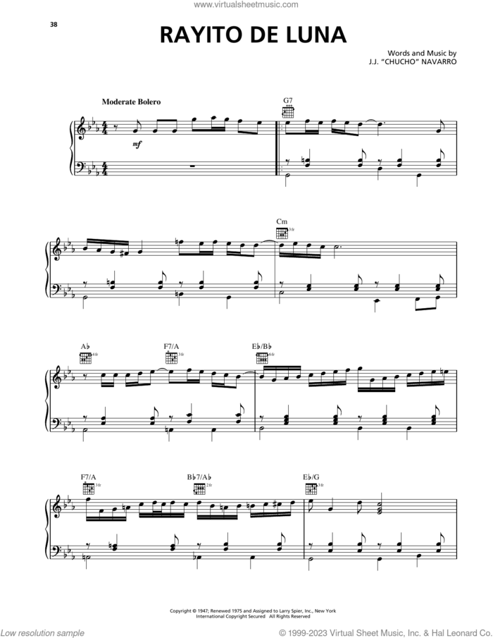 Raytito De Luna sheet music for voice, piano or guitar by Trio Los Panchos and J.J. 'Chucho' Navarro, intermediate skill level