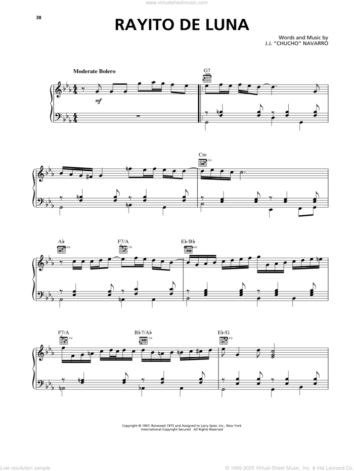 Raytito De Luna sheet music for voice, piano or guitar by Trio Los Panchos and J.J. 'Chucho' Navarro, intermediate skill level