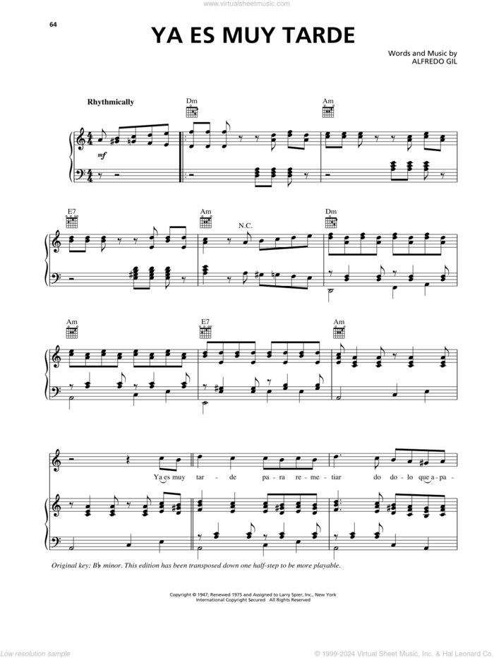 Ya Es Muy Tarde sheet music for voice, piano or guitar by Trio Los Panchos and Alfredo Gil, intermediate skill level