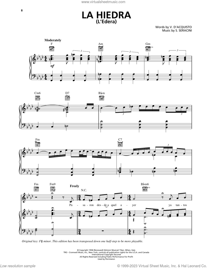 La Hiedra (L'Edera) sheet music for voice, piano or guitar by Trio Los Panchos and S. Seracini, intermediate skill level