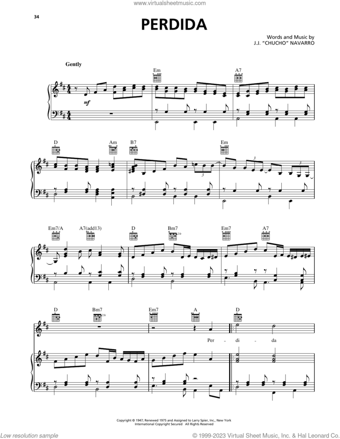 Perdida sheet music for voice, piano or guitar by Trio Los Panchos and J.J. 'Chucho' Navarro, intermediate skill level
