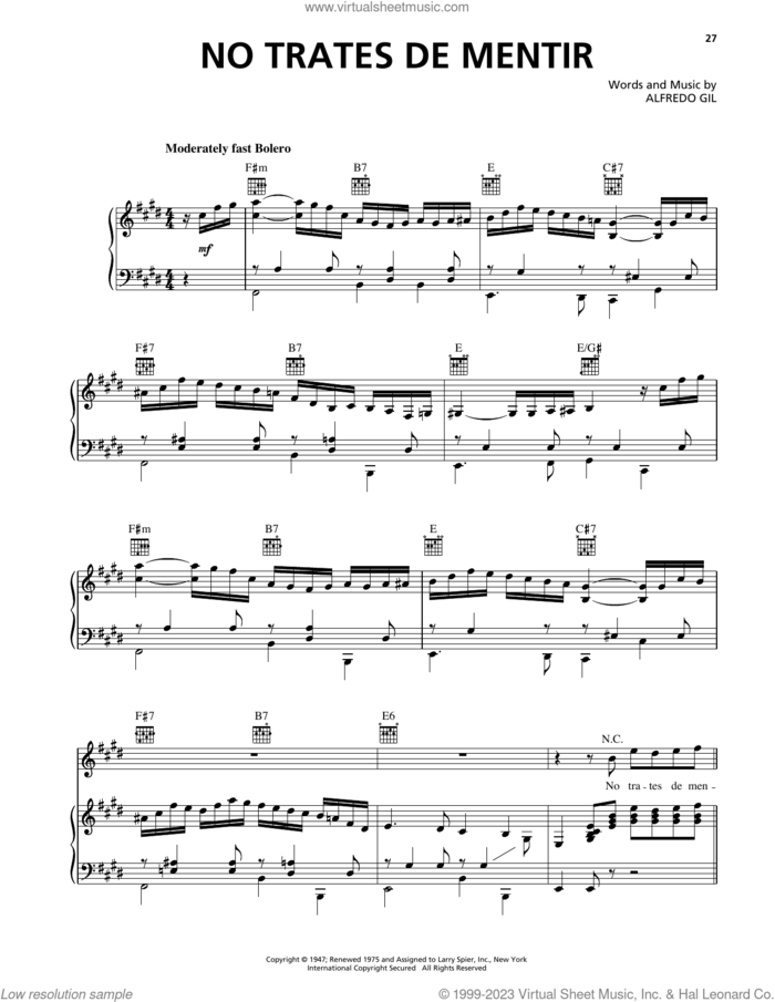 No Trates De Mentir sheet music for voice, piano or guitar by Trio Los Panchos and Alfredo Gil, intermediate skill level