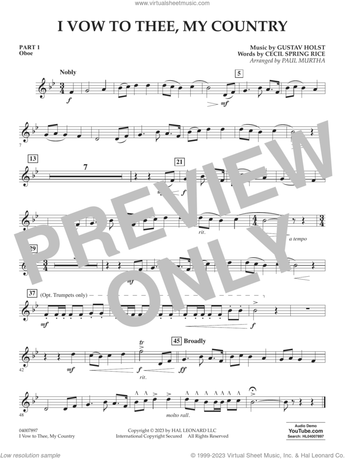 I Vow To Thee, My Country (arr. Paul Murtha) (COMPLETE) sheet music for concert band by Paul Murtha, Cecil Spring Rice and Gustav Holst, intermediate skill level