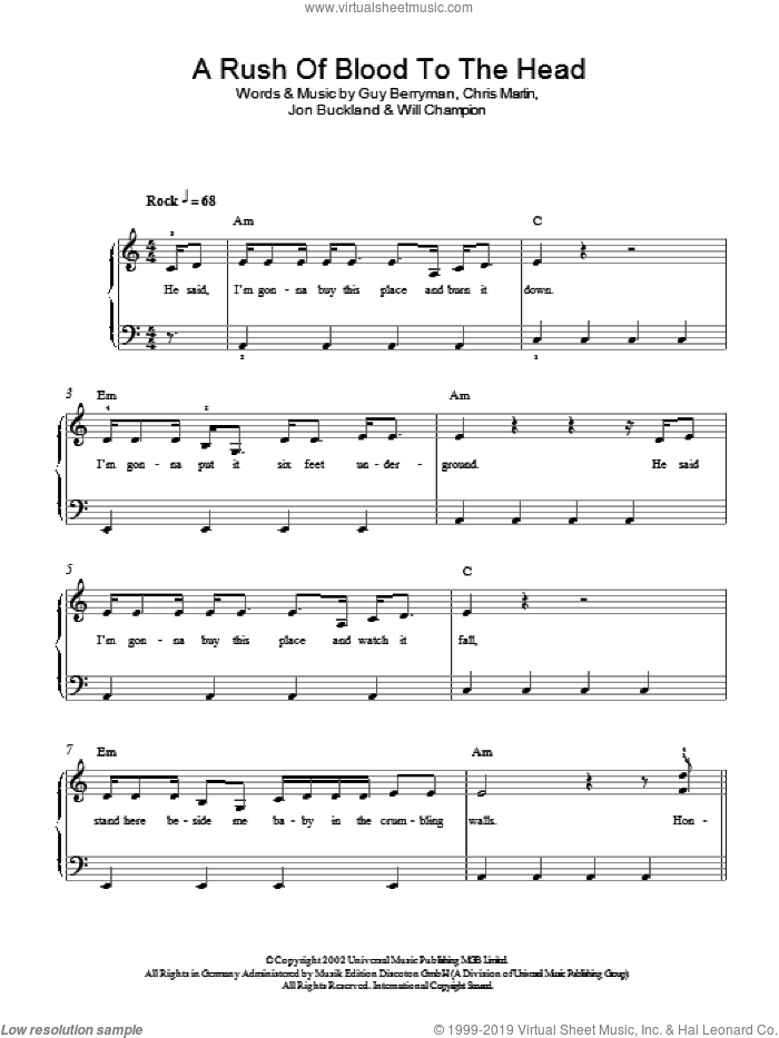 A Rush Of Blood To The Head sheet music for piano solo by Coldplay, Chris Martin, Guy Berryman, Jon Buckland and Will Champion, easy skill level