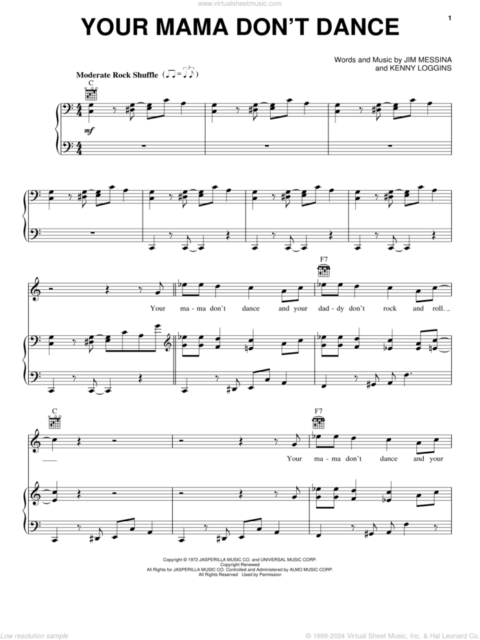 Your Mama Don't Dance sheet music for voice, piano or guitar by Loggins And Messina, Poison, Jim Messina and Kenny Loggins, intermediate skill level