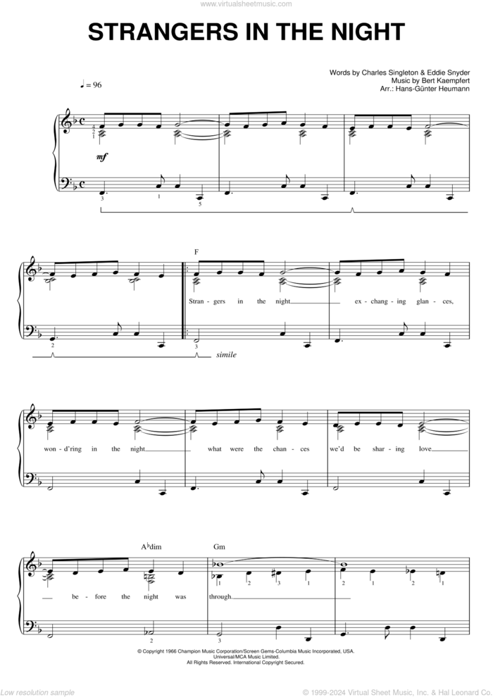 Strangers In The Night sheet music for voice and piano by Frank Sinatra, Hans-Gunter Heumann, Bert Kaempfert, Charles Singleton and Eddie Snyder, intermediate skill level