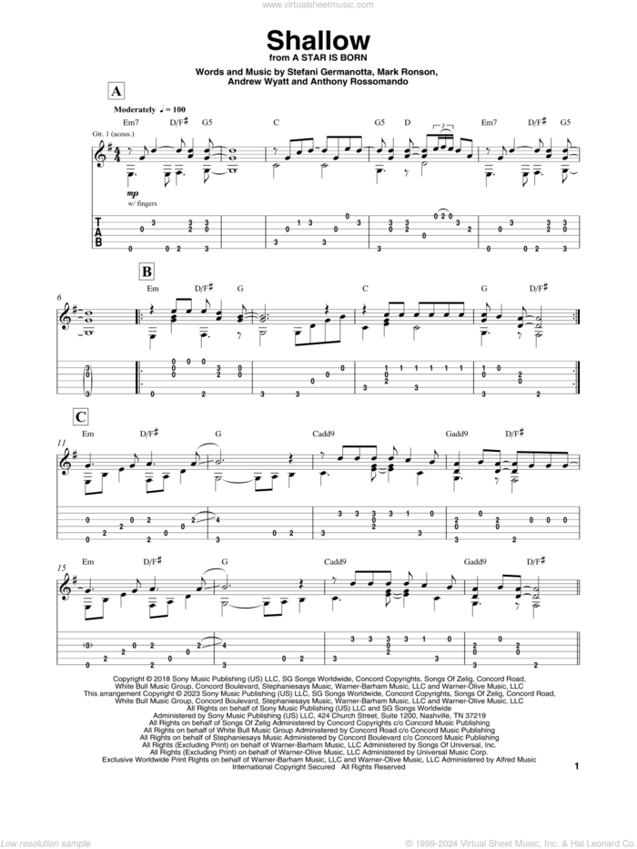 Shallow (from A Star Is Born), (intermediate) sheet music for guitar solo by Lady Gaga & Bradley Cooper, Andrew Wyatt, Anthony Rossomando, Lady Gaga and Mark Ronson, intermediate skill level