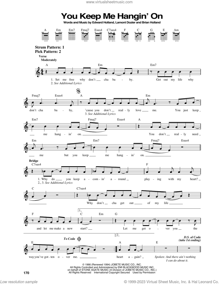 You Keep Me Hangin' On sheet music for guitar solo (chords) by The Supremes, Brian Holland, Edward Holland Jr. and Lamont Dozier, easy guitar (chords)