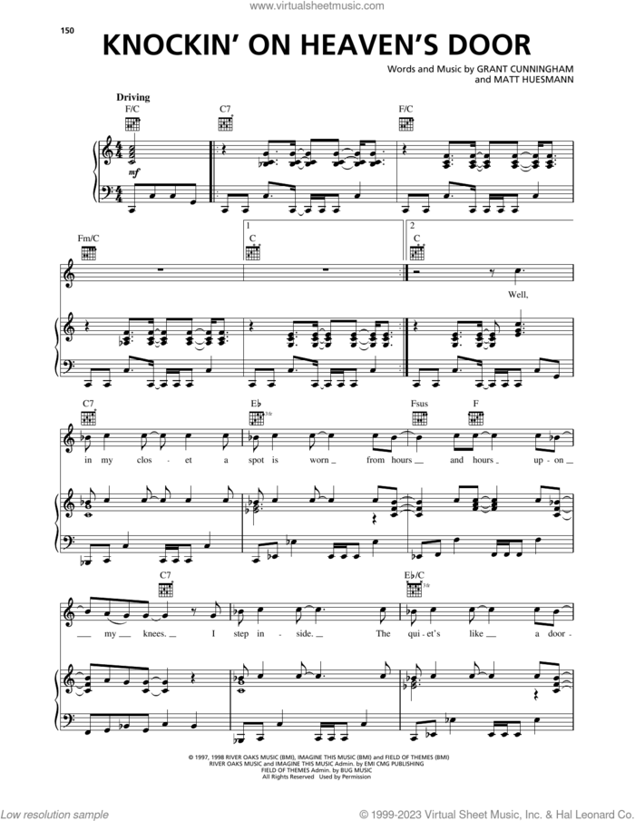 Knockin' On Heaven's Door sheet music for voice, piano or guitar by Avalon, Grant Cunningham and Matt Huesmann, intermediate skill level