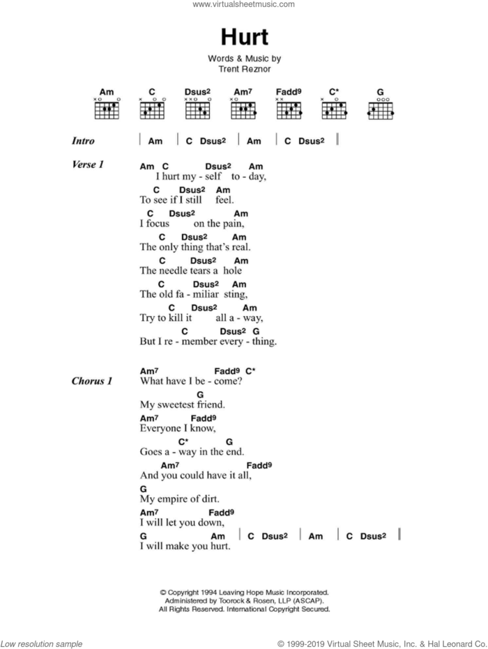 Hurt sheet music for guitar (chords) by Johnny Cash and Trent Reznor, intermediate skill level