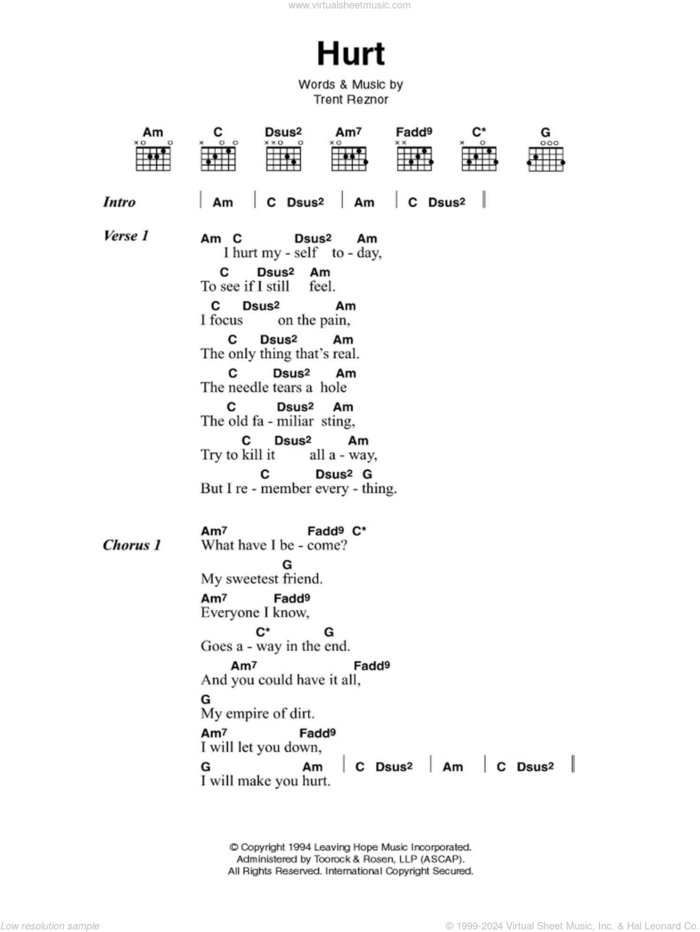 Hurt sheet music for guitar (chords) by Johnny Cash and Trent Reznor, intermediate skill level