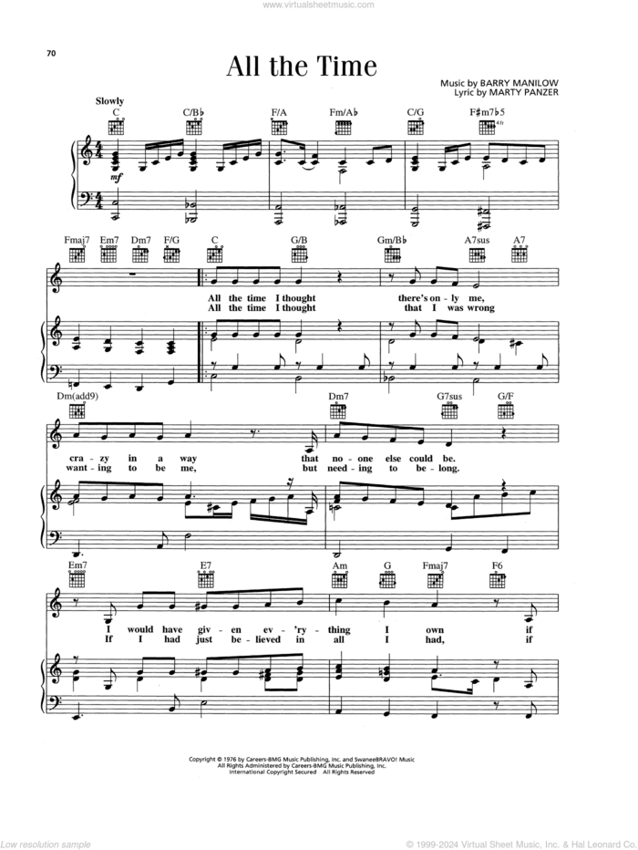 All The Time sheet music for voice, piano or guitar by Barry Manilow and Marty Panzer, intermediate skill level