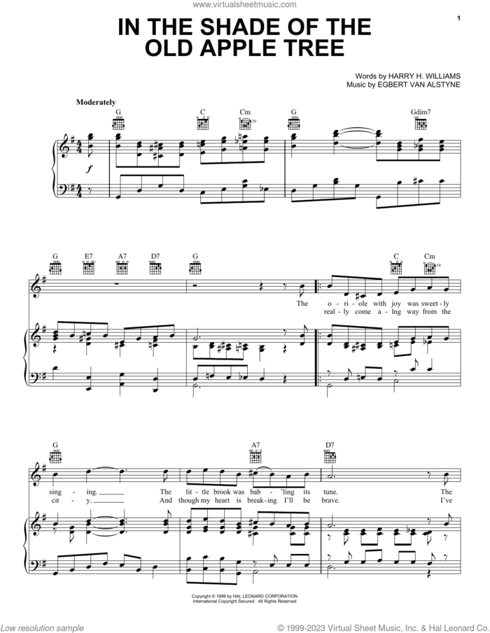 In The Shade Of The Old Apple Tree sheet music for voice, piano or guitar by Egbert Van Alstyne and Harry Williams, classical score, intermediate skill level