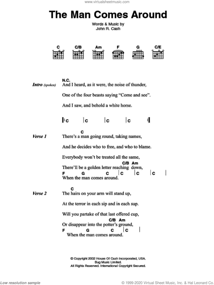 The Man Comes Around sheet music for guitar (chords) by Johnny Cash, intermediate skill level