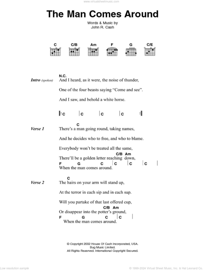 The Man Comes Around sheet music for guitar (chords) by Johnny Cash, intermediate skill level