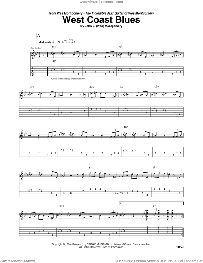West Coast Blues sheet music for guitar (tablature) by Wes Montgomery and Sascha Burland, intermediate skill level